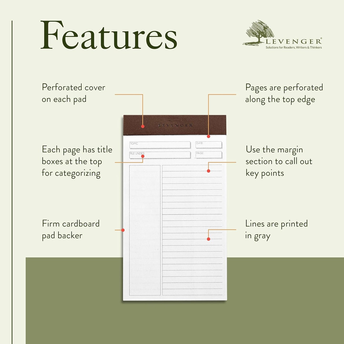 Levenger Freeleaf Annotation Ruled Writing Pads Lined Notepad, Compatible with Cornell Note-Taking System, Pack of 5, White, Letter