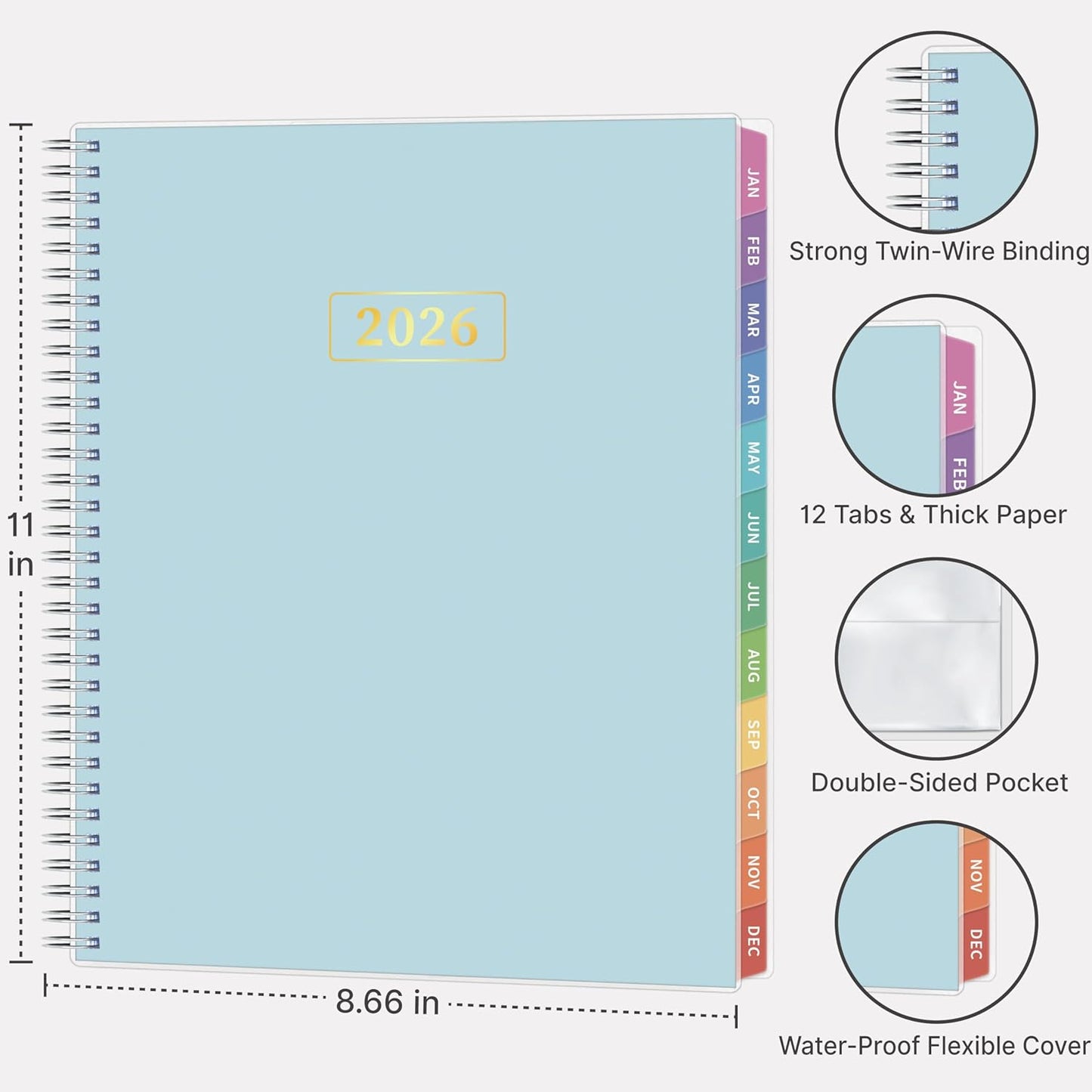 2026 Appointment Book, 30 Minutes-Hourly, Weekly ＆ Monthly Calendar Planner 2026, Jan 2026 - Dec 2026, 8.5'' x 11'', 2026 Daily Planner with Tabs ＆Pocket, Flexible Cover, Great for Office, Home, School