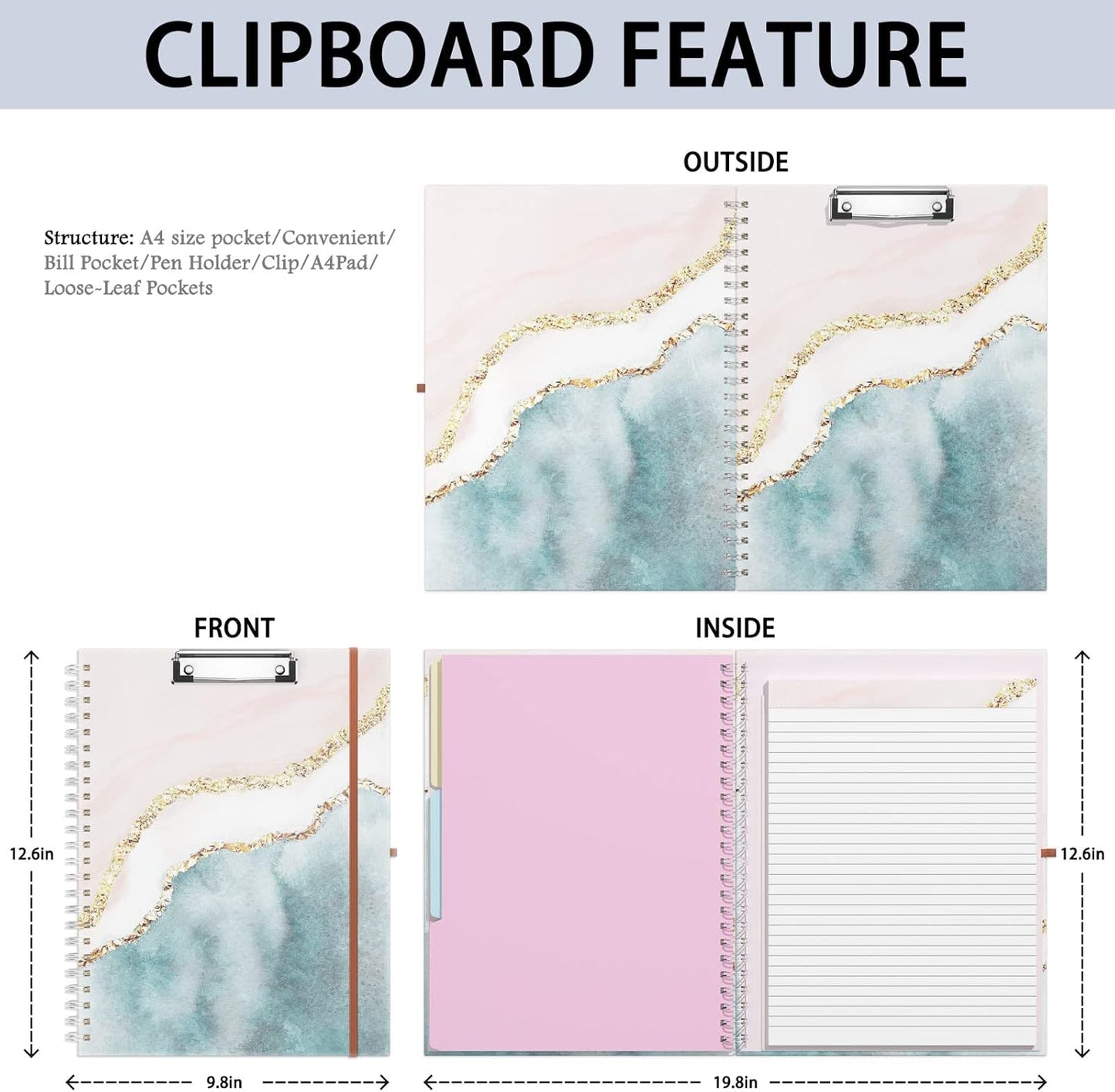 Rimilak Spiral Clipboards Folio with Refillable Lined Notepad, 14.5 x 9.8 In, Hardcover Cover with 5 Interior Pockets, Elastic Band and Pen Loop Series. Cute Stylish Clipfolio, Daisy Flower