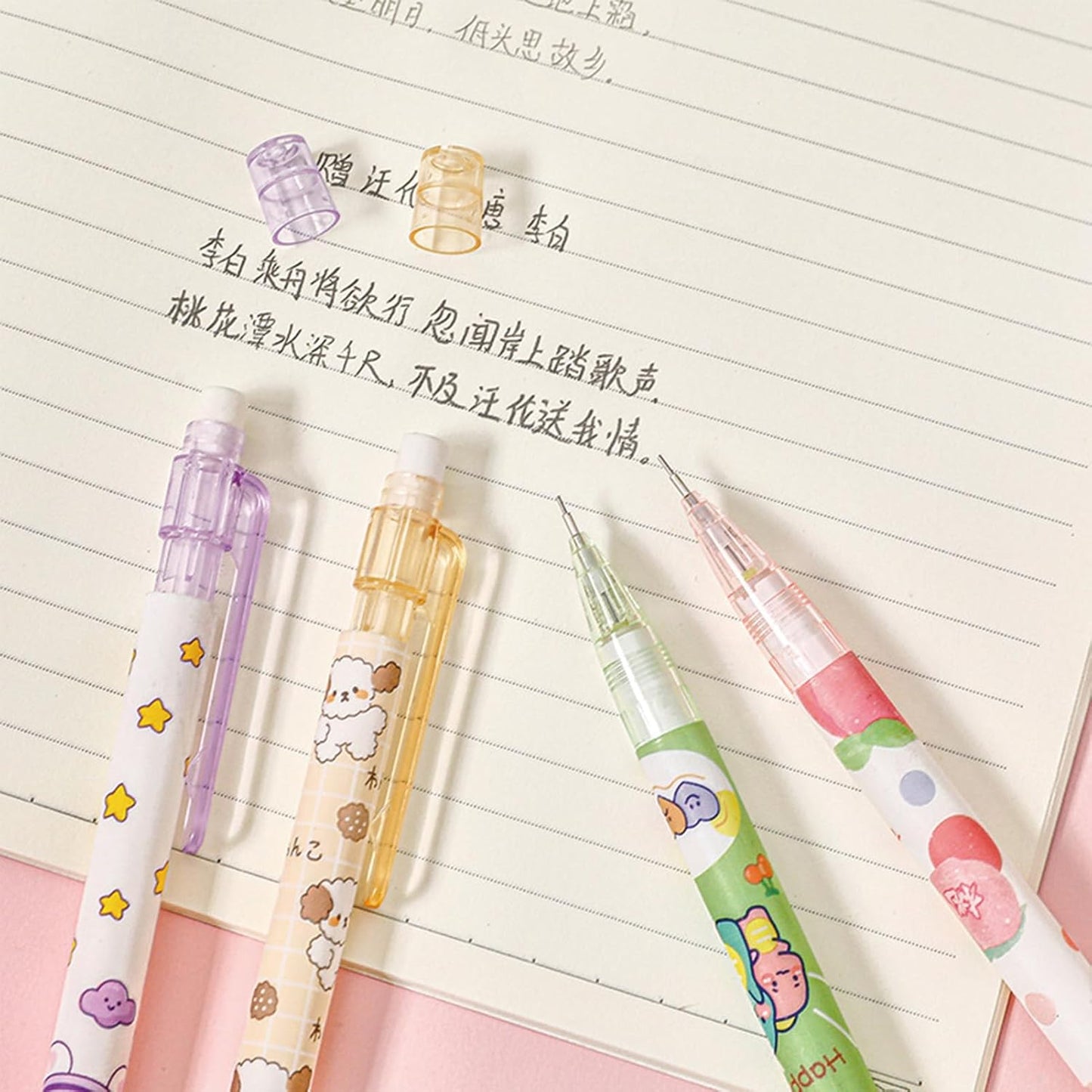 MOZXIRZ 4 Pcs Cute Mechanical Pencils with Top Eraser 0.5mm Cartoon Space Mechanical Pencil School Pencil for Women (6pcs Space)