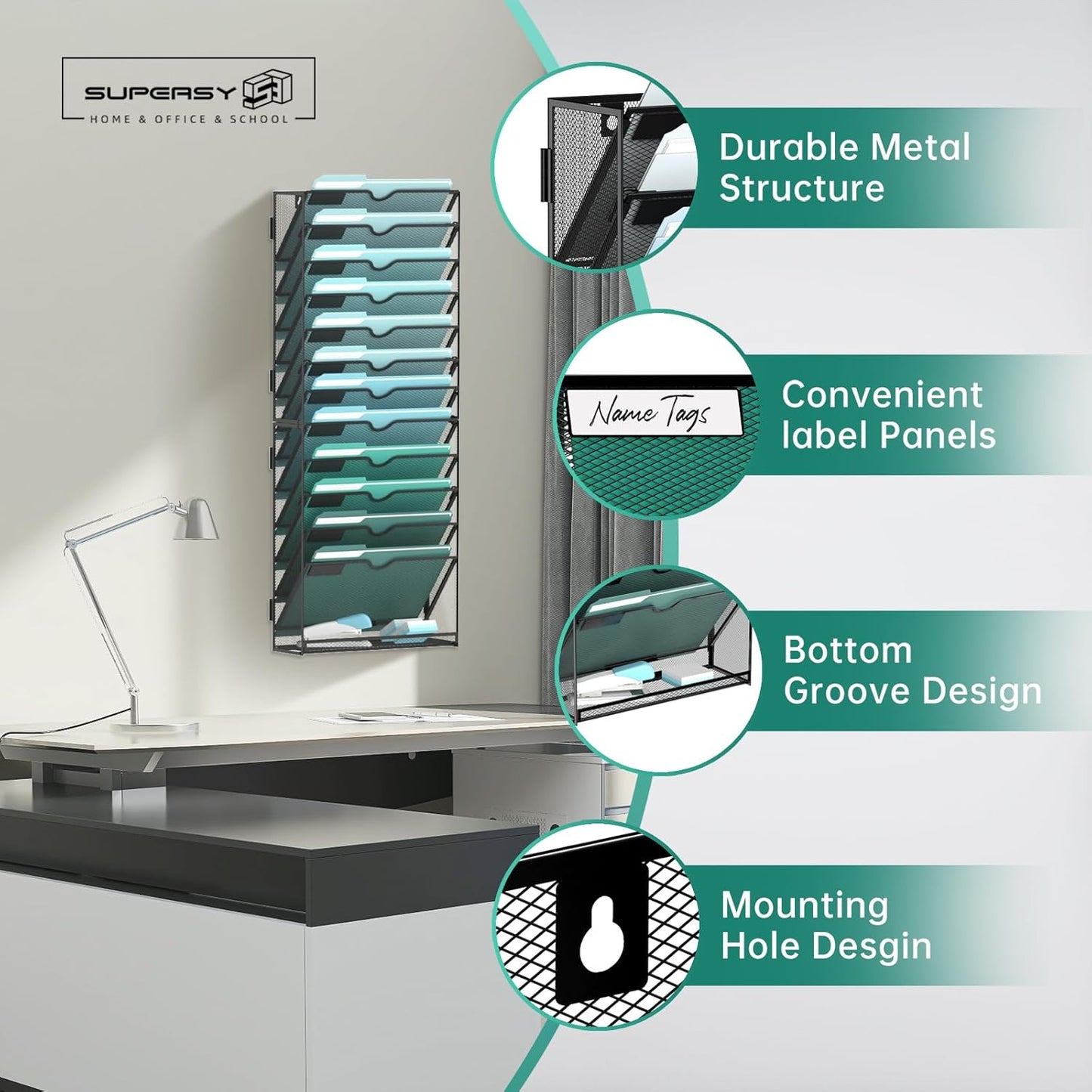 SUPEASY 10-Tier Wall File Organizer, Hanging Wall Files for Papers, Folders, Magazines, Clipboard, Wall Organizer for Office Home School Classroom, Black