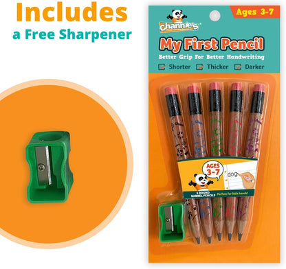 Channie's My First Pencil, Easy-to-Hold Jumbo Pencils for Preschoolers, Kindergarteners & 1st Graders, Brown Wooden 2B Fat Pencils for Kids Ages 3-7, 2 Pack (5 Each) + Sharpener