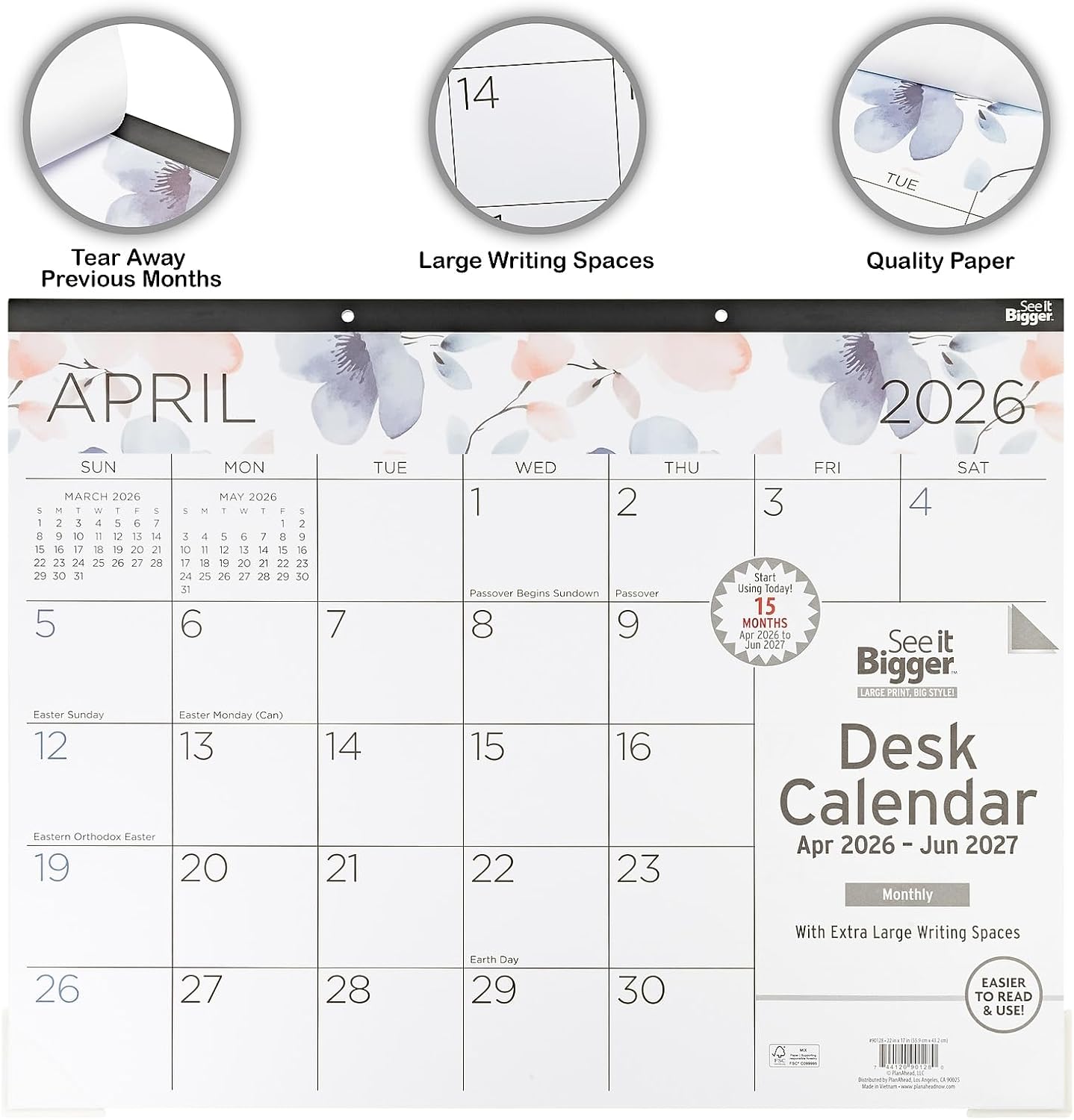 2026-2027 PlanAhead See It Bigger 22" x 17" Academic Monthly Desk Pad Calendar, Floral