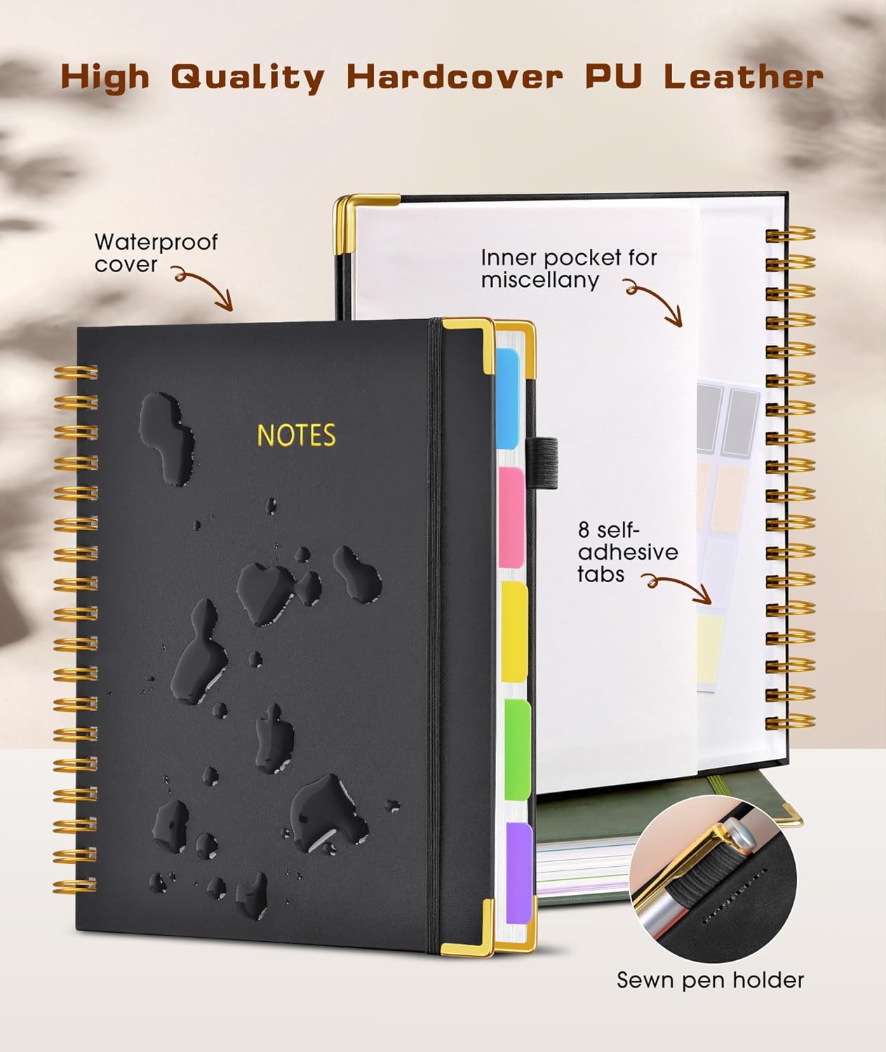 Hardcover Spiral Notebook Journal with Removable Dividers Tabs, 300 Pages Leather 5 Subject Notebook College Ruled, 8"x10" Large B5 Notebooks for Work School Note taking, Lined Journal for Women, Pink