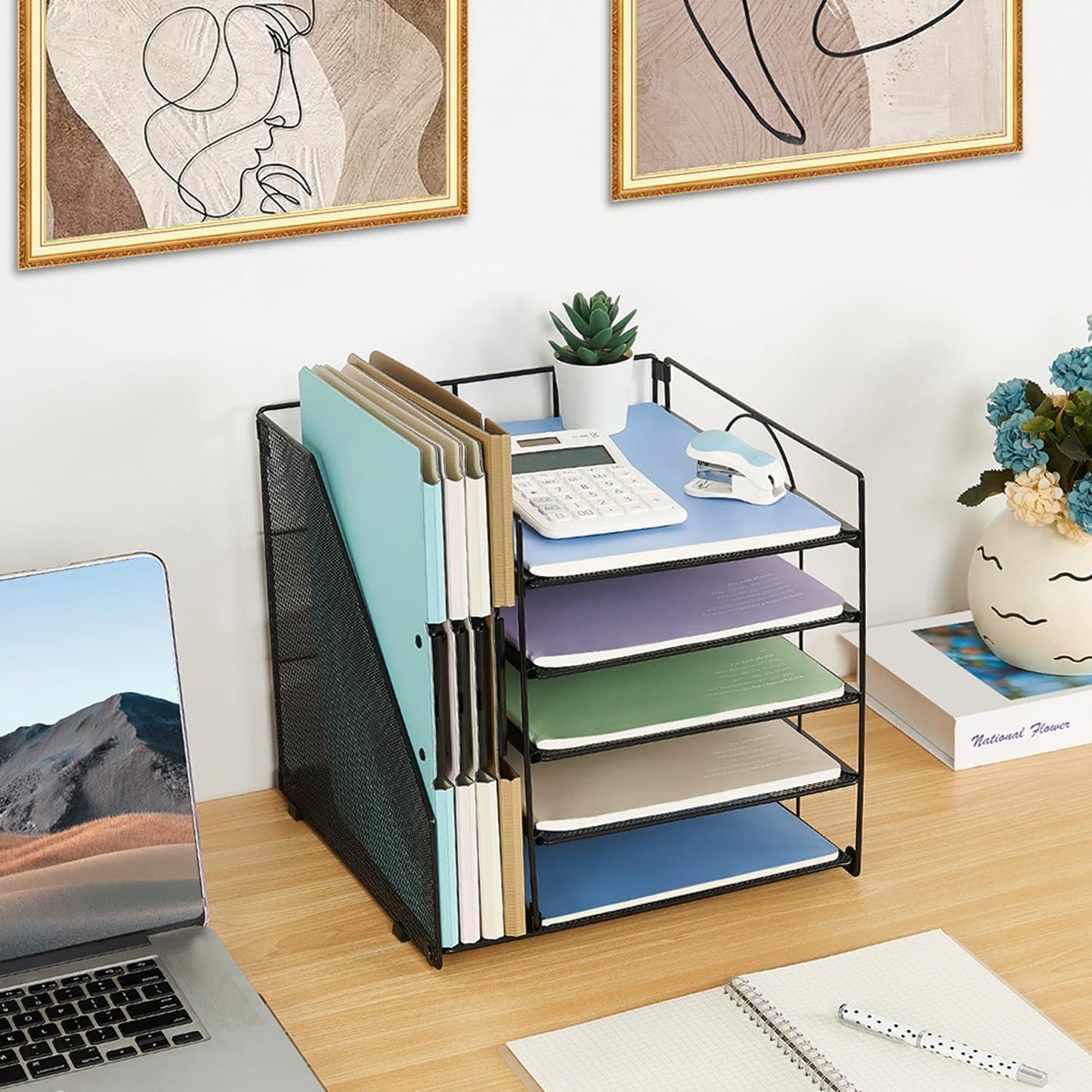 LEKETREE Desk Organizers and Accessories, 5-Tier Paper Letter Tray Organizer with File Holder, Desktop Organizer for Office Supplies (Black)