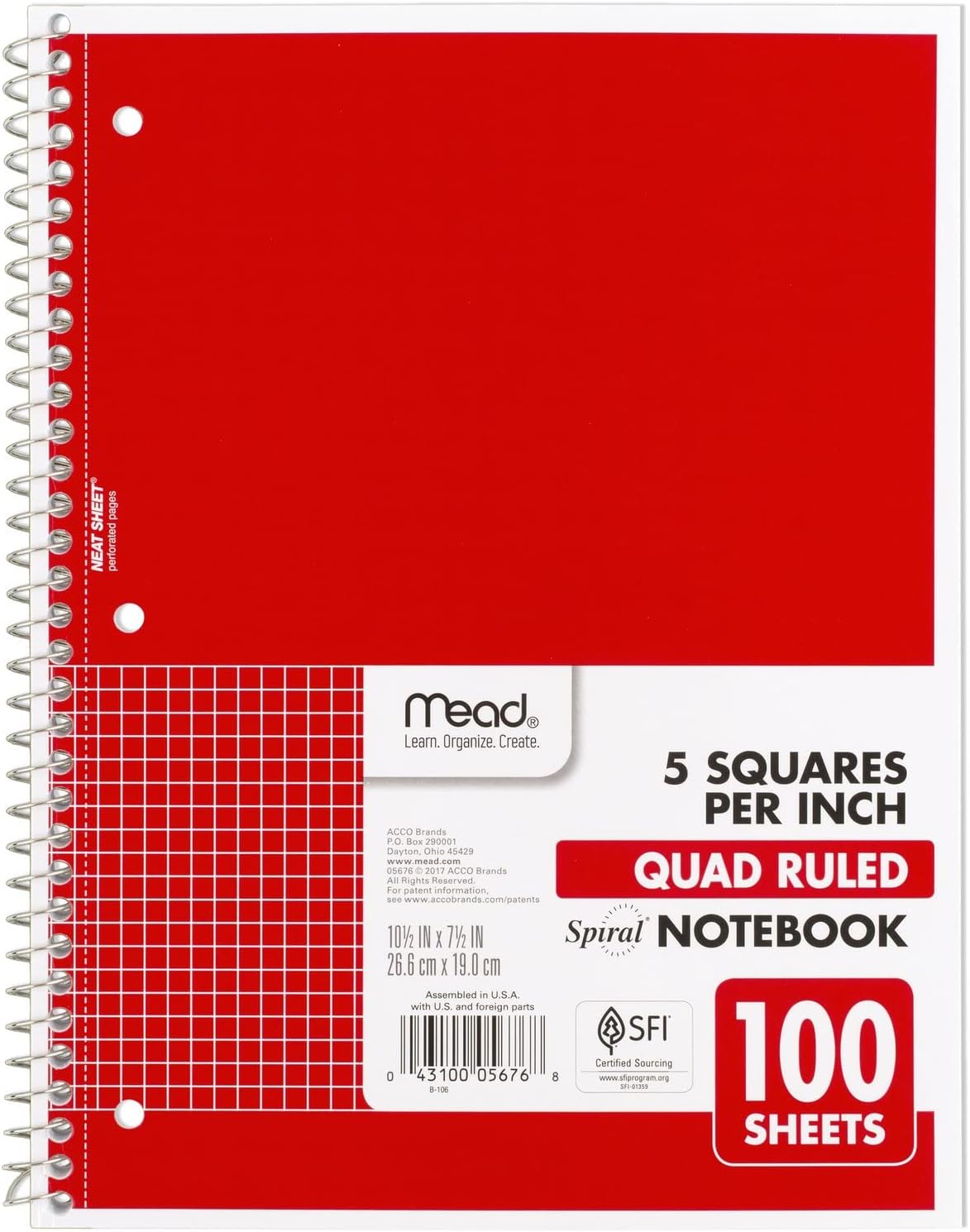 Mead Spiral Notebook, 1 Subject, Graph Ruled Paper, 7-1/2" x 10-1/2", 100 Sheets, Black (05676AA5)