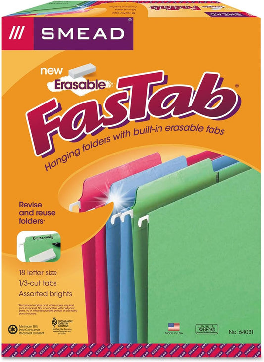 Smead Erasable FasTab Hanging File Folder, 1/3-Cut Built-in Tab, Letter Size, Moss, 20 per Box (64032)