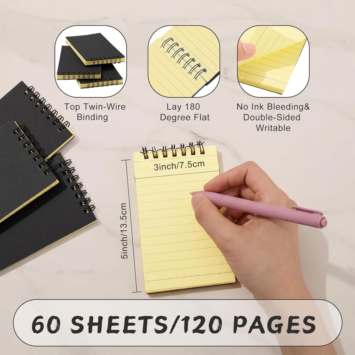 Tenceur 2 Pcs Pocket Notebook Bulk Small 3x5 Inch Spiral Notepads Mini Top Bound Notebook with Lined 120 Pages Ruled Memo Pads for Office College Nurse Essentials Back to School Gift (Black)