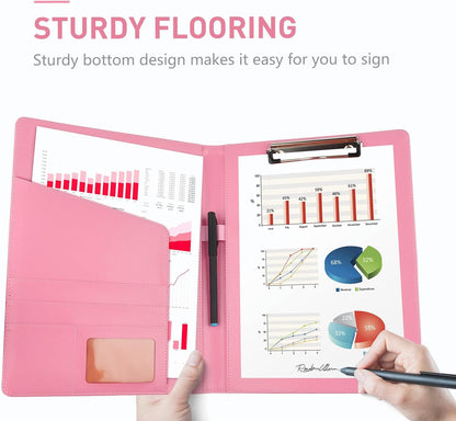 Pink Padfolio Clipboard Portfolio Folder with Pen - Geila PU Leather Resume Portfolio - Interview/Legal Document Organizer & Conference Folder for Business Office - with 8.5 x11In Writing Pad