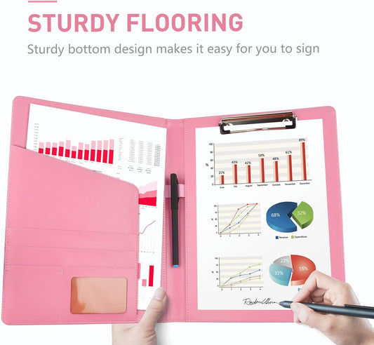 Pink Padfolio Clipboard Portfolio Folder with Pen - Geila PU Leather Resume Portfolio - Interview/Legal Document Organizer & Conference Folder for Business Office - with 8.5 x11In Writing Pad
