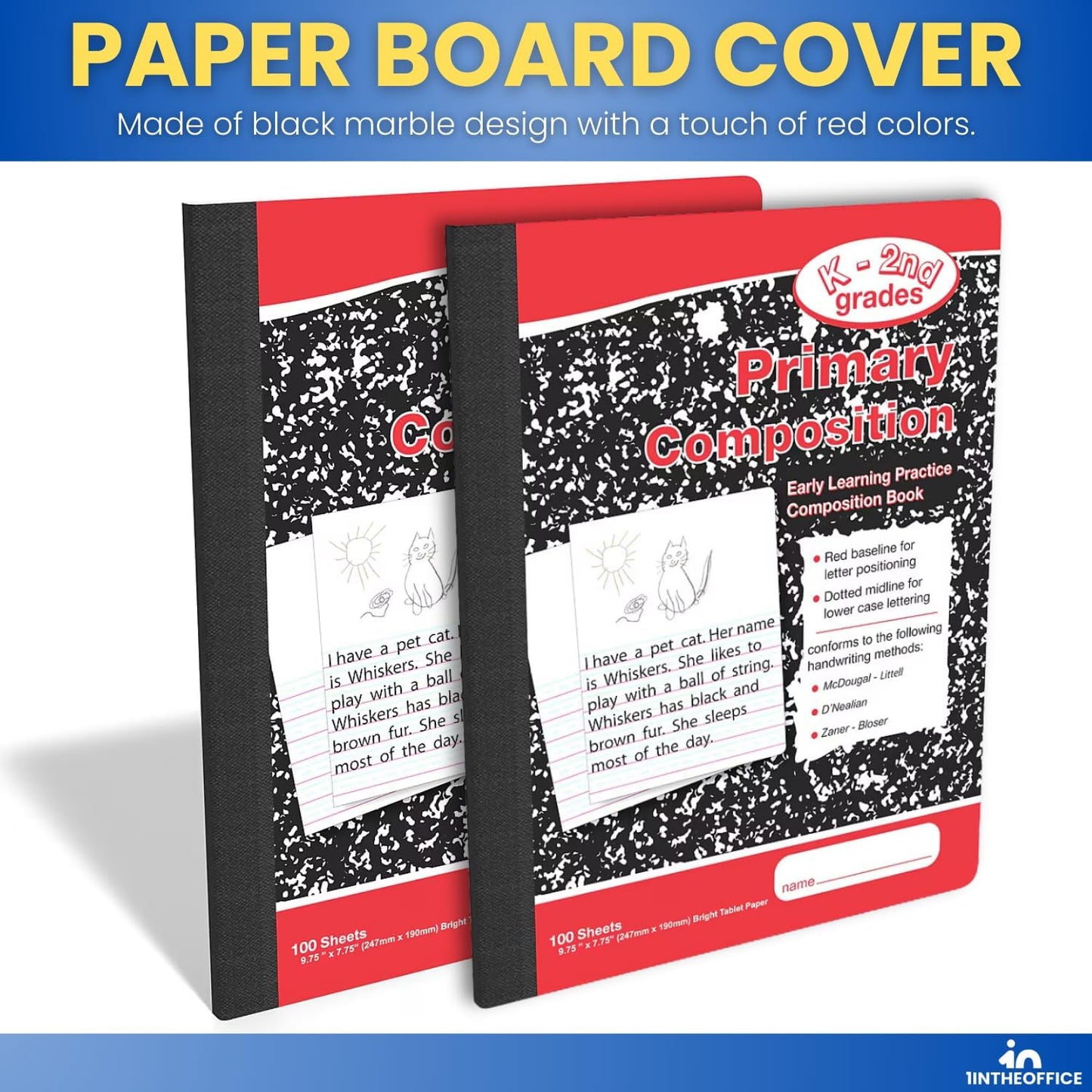 1InTheOffice Primary Composition Notebook K-2, Primary Journal, Kindergarten Notebook, 7.5" x 9.75", 100/Sheets, Red/Black Marble, 4 Pack