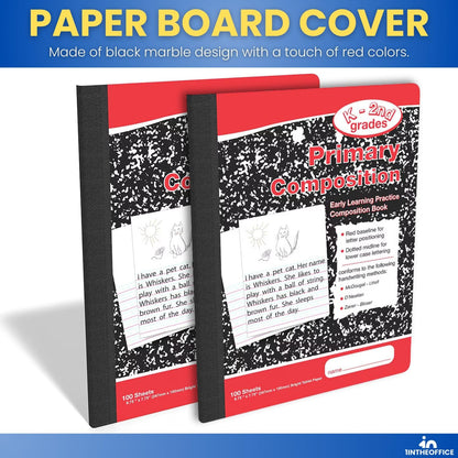 1InTheOffice Primary Composition Notebook K-2, Primary Journal, Kindergarten Notebook, 7.5" x 9.75", 100/Sheets, Red/Black Marble, 4 Pack