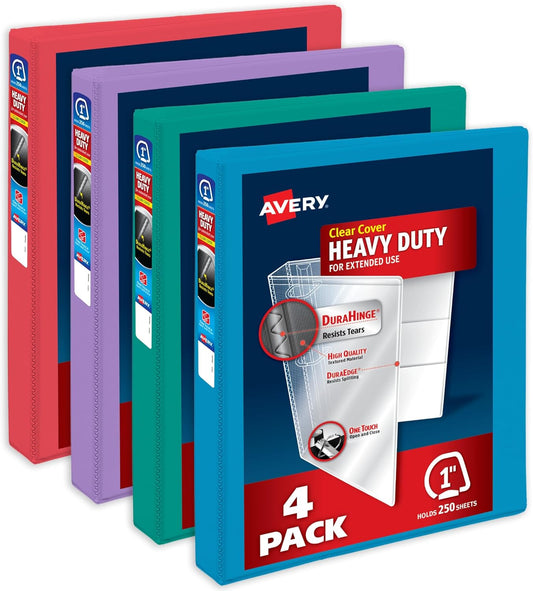 Avery Heavy-Duty View 3 Ring Binders, 1 Inch One Touch Slant Rings, 250-Sheet Capacity, Assorted Pastel Colors, 4-Pack (79631) – for School, Office, Teachers, Classrooms & Home Organization