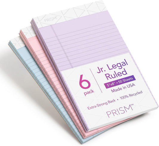 TOPS 5 x 8 Legal Pads, 6 Pack, Prism Brand, 2 Pink/2 Blue/2 Purple, Narrow Ruled, 50 Sheets Per Writing Pad, Made in USA (63016)