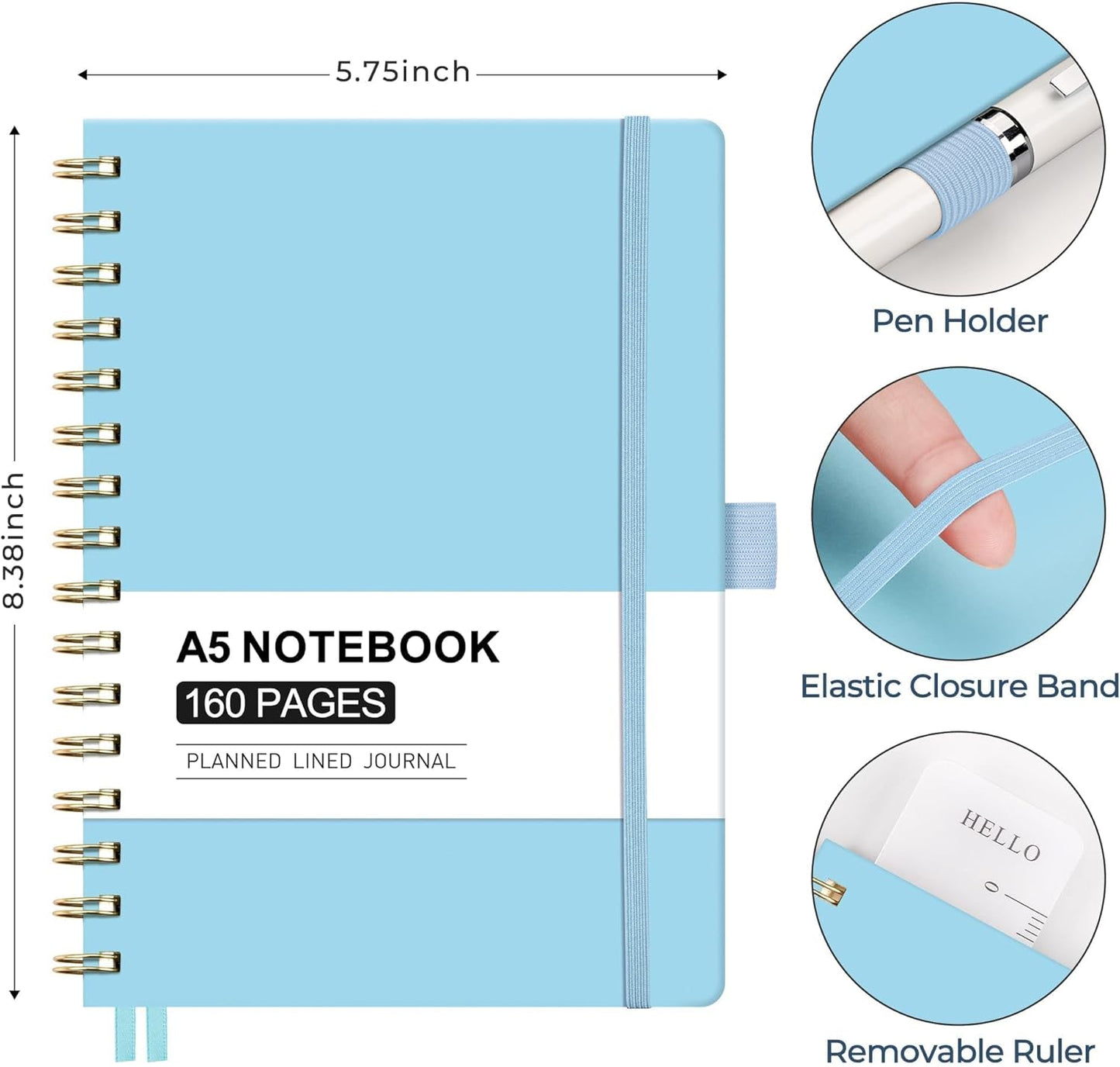 AHGXG Spiral Journal Notebook, 160 Lined Pages, A5 Medium Size (5.7'' x 8.3''), for Men & Women, Journaling, Writing, Work & Office, Hardcover, 100 GSM Thick Paper (Light Green)