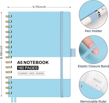 AHGXG Spiral Journal Notebook, 160 Lined Pages, A5 Medium Size (5.7'' x 8.3''), for Men & Women, Journaling, Writing, Work & Office, Hardcover, 100 GSM Thick Paper (Light Green)