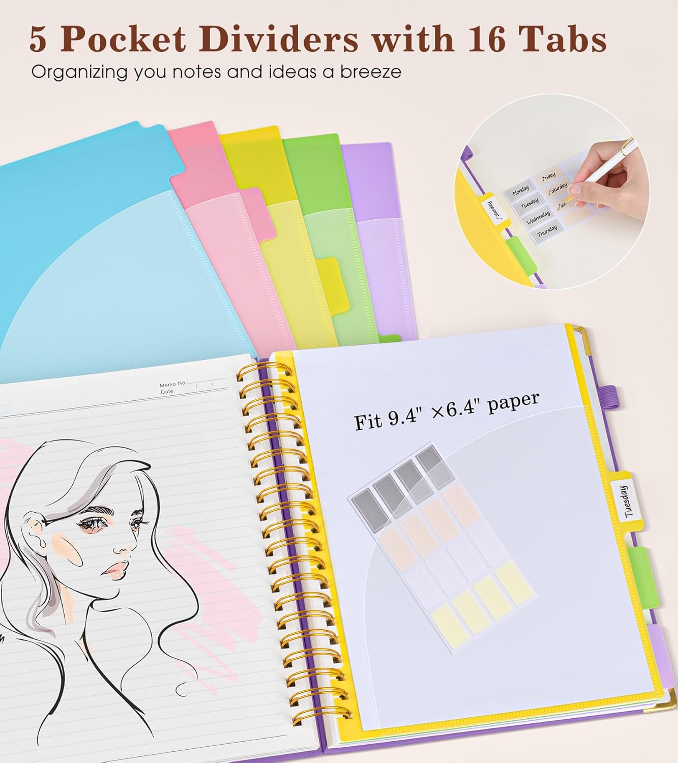 Hardcover Large Spiral Notebook 8.5" x 11" with Removable Dividers Tabs, 300 pages Leather 5 Subject Notebook College Ruled, A4 Journal for Women Men, Notebooks for Work School Note taking,Black