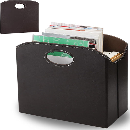 WRINGKIT Leather Magazine File Holder, Foldable Magazine Basket with Handles, Stable Brown Magazines Rack Floor, Document File Folder Organizer Box, Books Newspaper Storage Bin for Office Home School