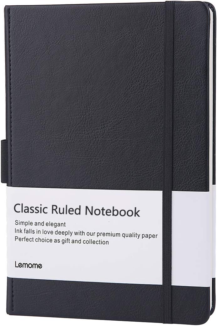 Lemome Thick Classic Notebook with Pen Loop A5 College Ruled Hardcover Writing Notebook with Pocket + Page Dividers Gifts, Banded, Large, 180 Pages, 8.4 x 5.7 in