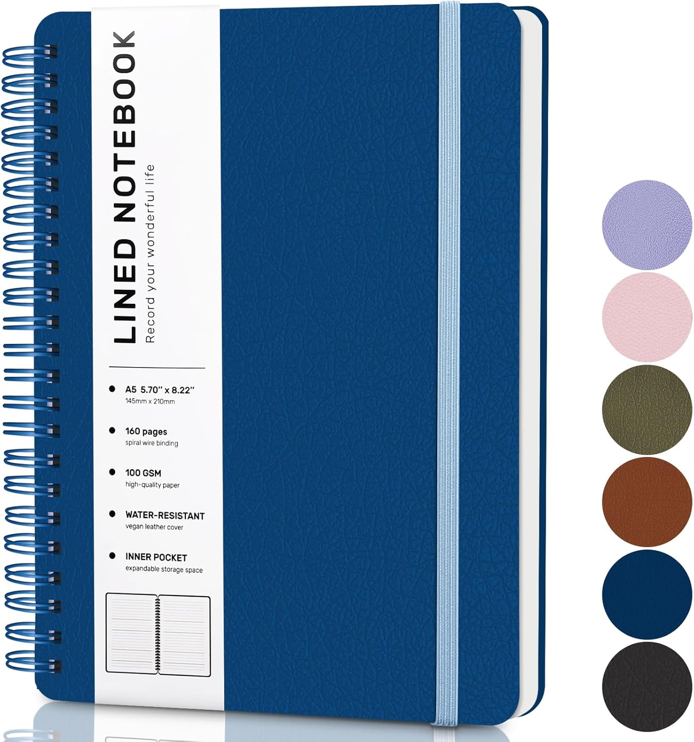 ABERLLS Lined Spiral Journal Notebook with 160 Pages, 8×5.7in, A5 Spiral Notebook, Journaling Notebooks for Work, School, Women, Men, College Ruled Spiral Notebook, Hardcover Leather Journals, Blue