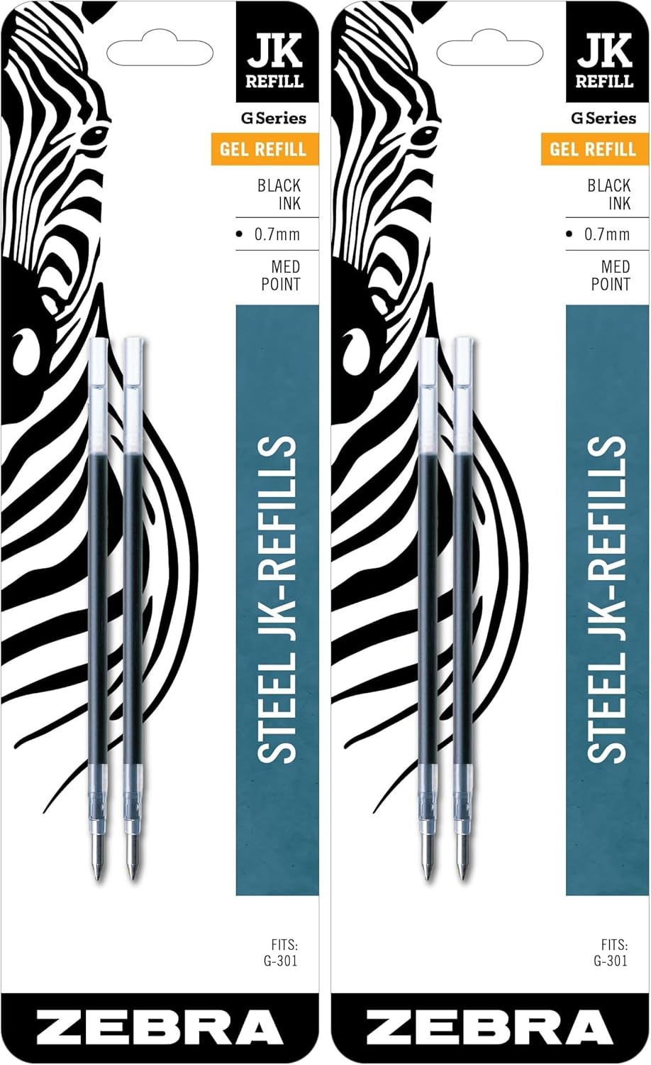 Zebra Pen G-301 Stainless Steel Pen JK-Refill, Med Point, 0.7mm, Blue Ink, 2-Count