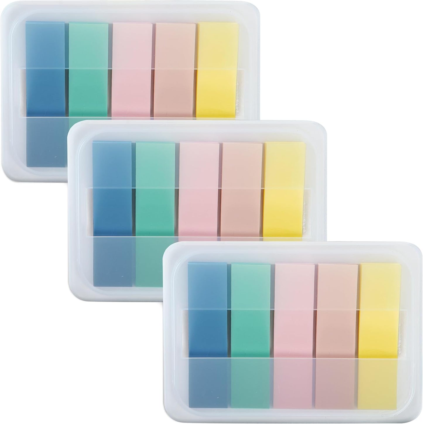 Essex Wares - 300 Pieces - Transparent Sticky Notes Tabs with Case - 5 Light Pastel Colors - 3 Cases - 1.8" x 0.4" - 60 Pieces - Pop Up Index Tabs - Book Flags for Annotating - Book Sticky Tabs