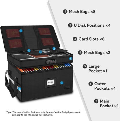 ETRONIK Fireproof Document Box with Lock, 2 Layer File Cabinet Organizer with 5 Tab Inserts, Portable Office Collapsible File Storage with Reflective Strip for Hanging Letter, Legal Size Folder