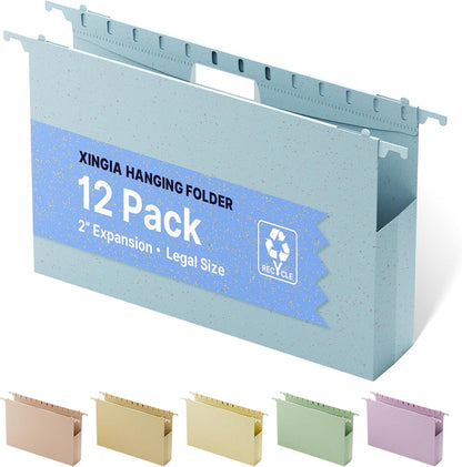XINGIA Extra Capacity Wheat Straw Hanging File Folders Legal Size,2 Inch Expandable Plastic Hanging File Organizer,12 Pack Heavy Duty Hang Folders for Filing Cabinet,Bulky Files(Morandi Green)