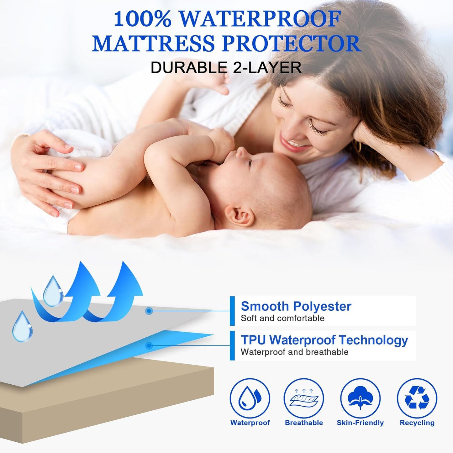 Sufdari Mattress Protector,Waterproof 18" Deep Pocket Mattress Cover Fitted Sheet Style with Elastic Rubber Band,Washable and Easy Care-Black,Queen