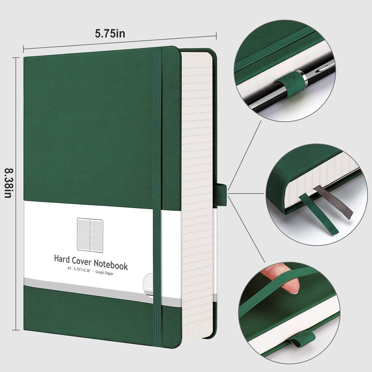 AHGXG Graph Paper Notebook - Grid Paper Notebook Large A4 8.5''×11'', 320 Pages Thick Journal, 100gsm Thick Graph Paper, Leather Softcover, Inner Pocket - Black
