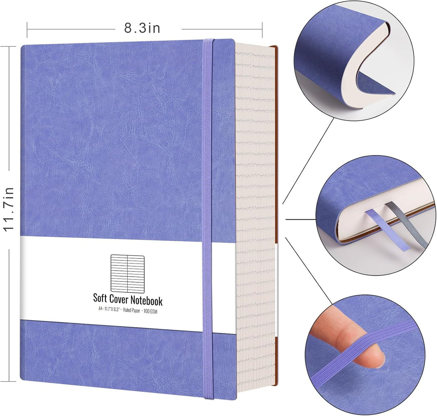 AHGXG 8.5''×11'' Notebook College Ruled - Large A4 Notebook Lined Journal - 320 Pages Thick Journal for Writing, 100gsm Thick Paper, Leather Softcover, for Work School - Black