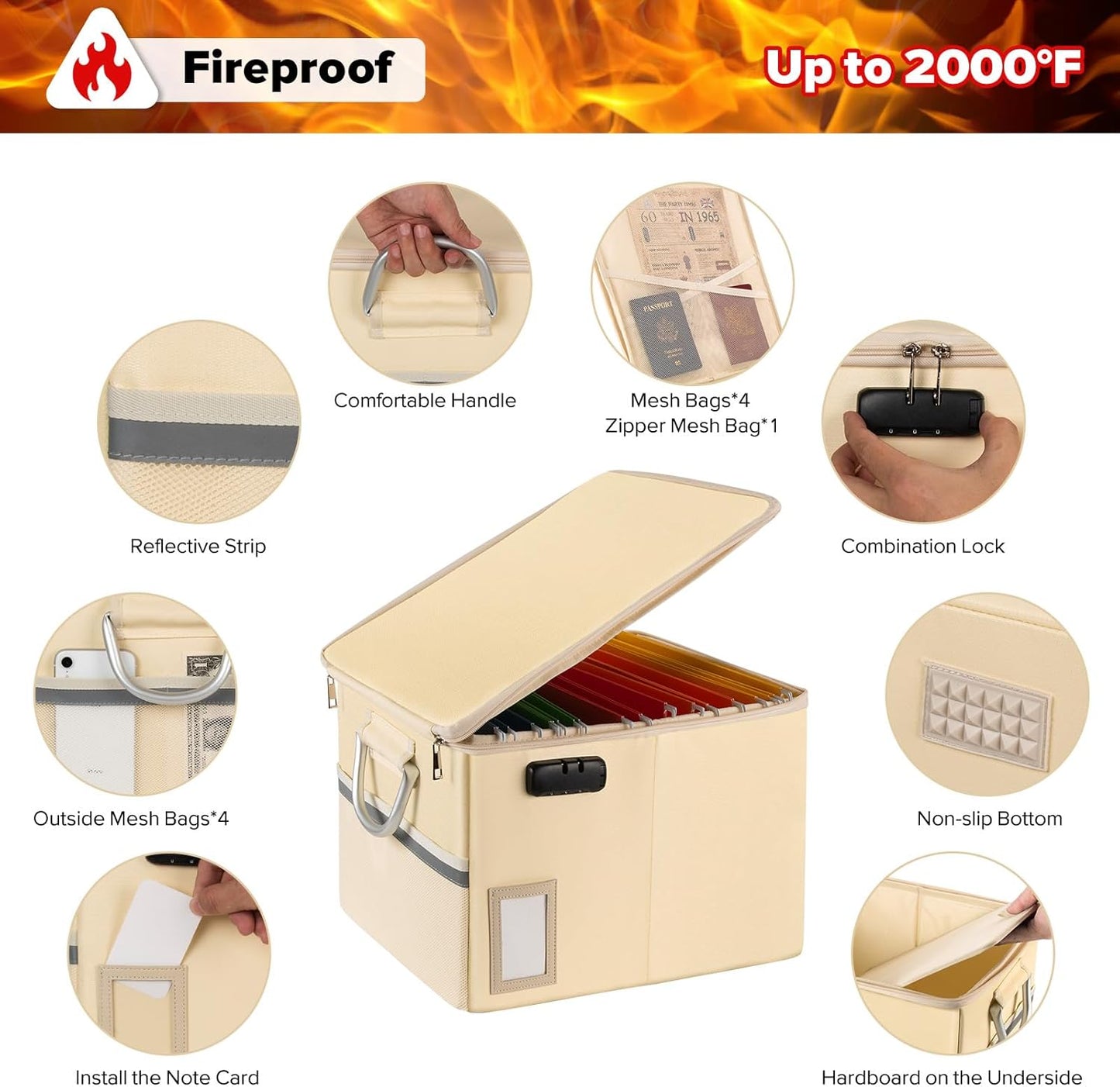 TOMKID Fireproof Document Box, Fireproof File Box with Lids, Important Document Organizer Box with Lock, Portable File Folder Organizer with Handle