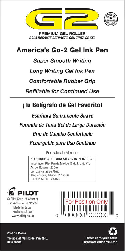 PILOT G2 Premium Refillable & Retractable Rolling Ball Gel Pens, Bold Point, Blue Ink, 12-Pack (31257)