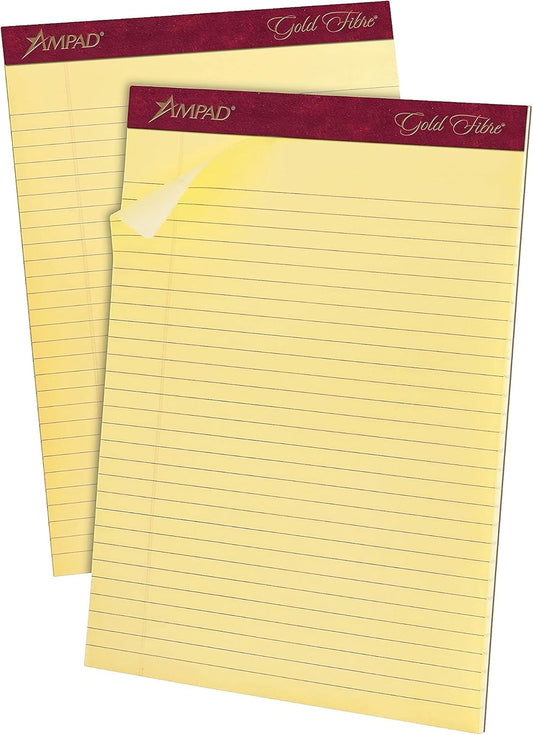 Ampad Gold Fibre Writing Pads, 8-1/2" x 11-3/4", Legal Rule, Canary Paper, 50 Sheets, 12 Pack (20-020R)