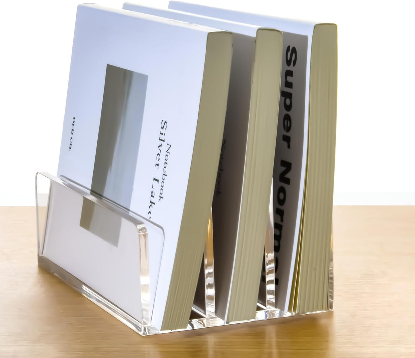 5 Compartments Clear Acrylic Mail Holder – Vertical Letter Sorter & Multifunction Desk Organizer for Bills, Documents, Notebooks – Modern Office/Home Envelope File Rack