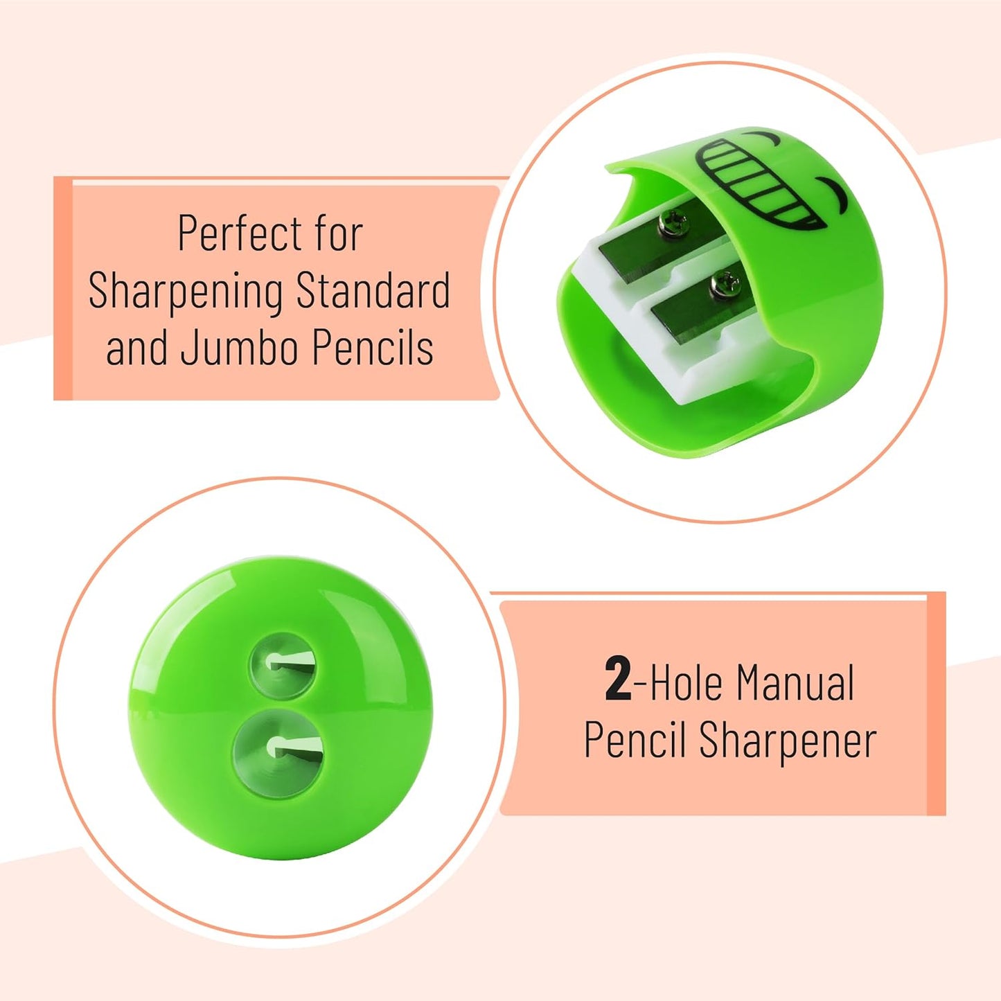 Mr. Pen- Pencil Sharpeners Manual, 48 Pack, Dual Hole, Smiley, Bulk Handheld Pencil Sharpener, Compatible with Standard and Jumbo Pencils, Snap-on Lid, Stainless Steel Blade, Back to School Supplies