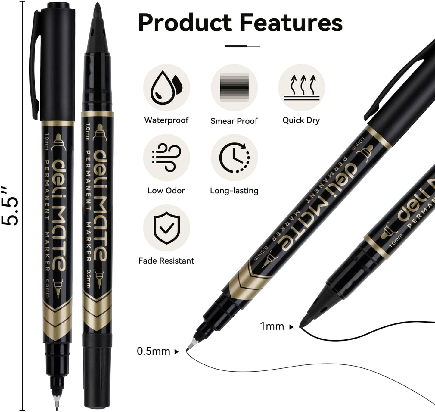 deli Twin Tip Permanent Markers, Fine Point and Ultra Fine Point for Signature and Marking, Black, 12 Count