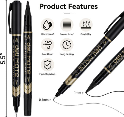 deli Twin Tip Permanent Markers, Fine Point and Ultra Fine Point for Signature and Marking, Black, 12 Count