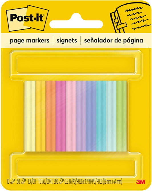 Post-it Page Markers, Assorted Bright Colors, 1/2 in x 2 in, 50 Markers/Pad, 10 Pads/Pack (670-10AB)