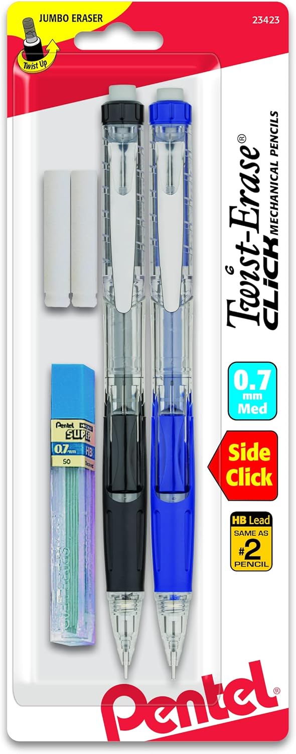 Pentel Twist Erase Click Automatic Pencil with 2 Eraser Refills and Lead, 0.9 mm, Assorted Barrels, Color May Vary, 2 Pack (PD279TLEBP2)