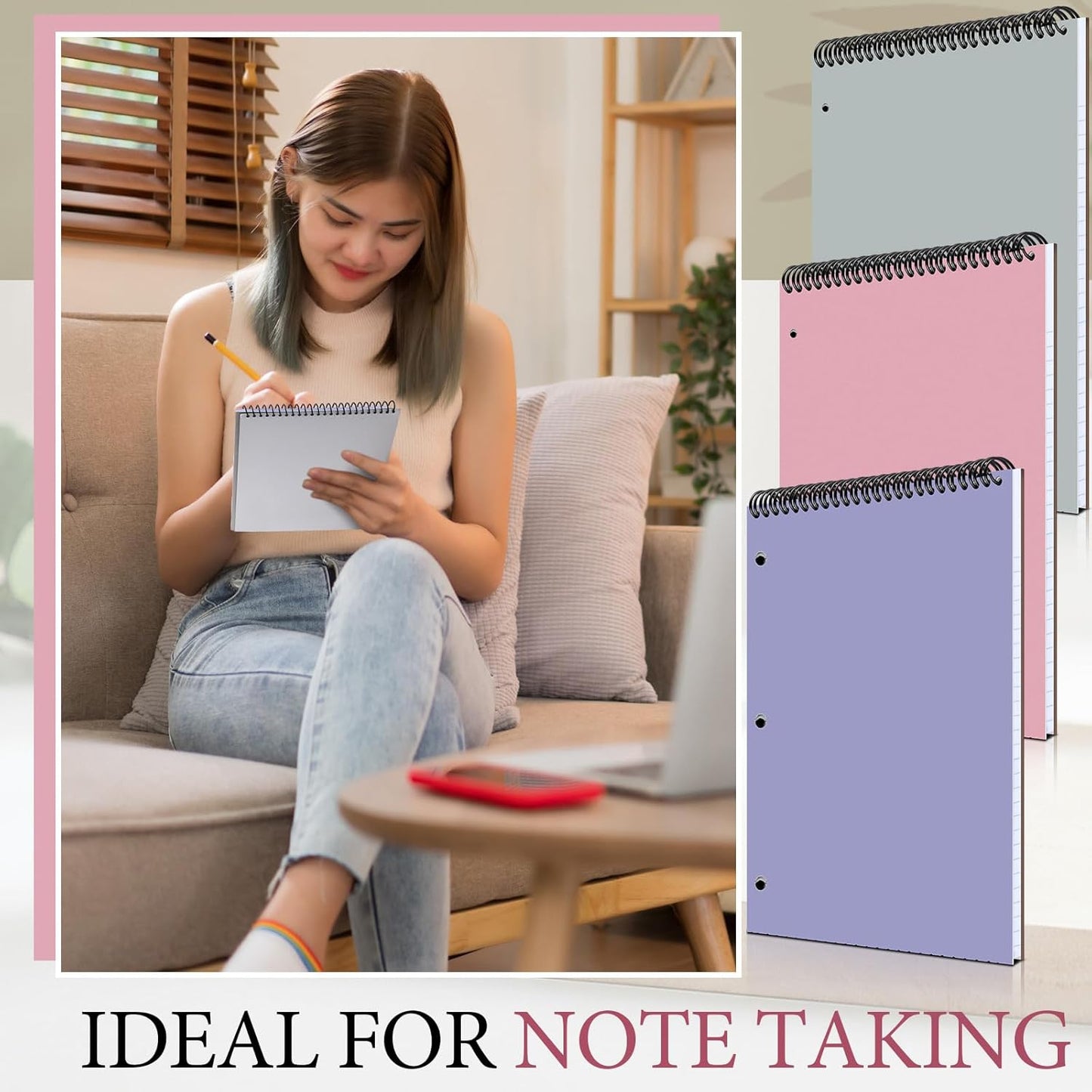 MotiMind 10 Pack 8.5" x 11" Top Spiral Notebook with 3 Hole Punched Morandi Colors Legal Pads College Ruled Notepad 50 Sheets Hard Cardboard Paper Wirebound Notepad for Office School Business