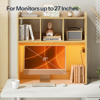 HOOBRO Desktop Bookshelf, Office Desktop Shelf, Desk Hutch with Outlets, Wooden Office Desktop Bookcase, Desktop Organizer Shelf with LED Light Strip and 3 Hooks, for Home, Study, White WT12UDSJ01