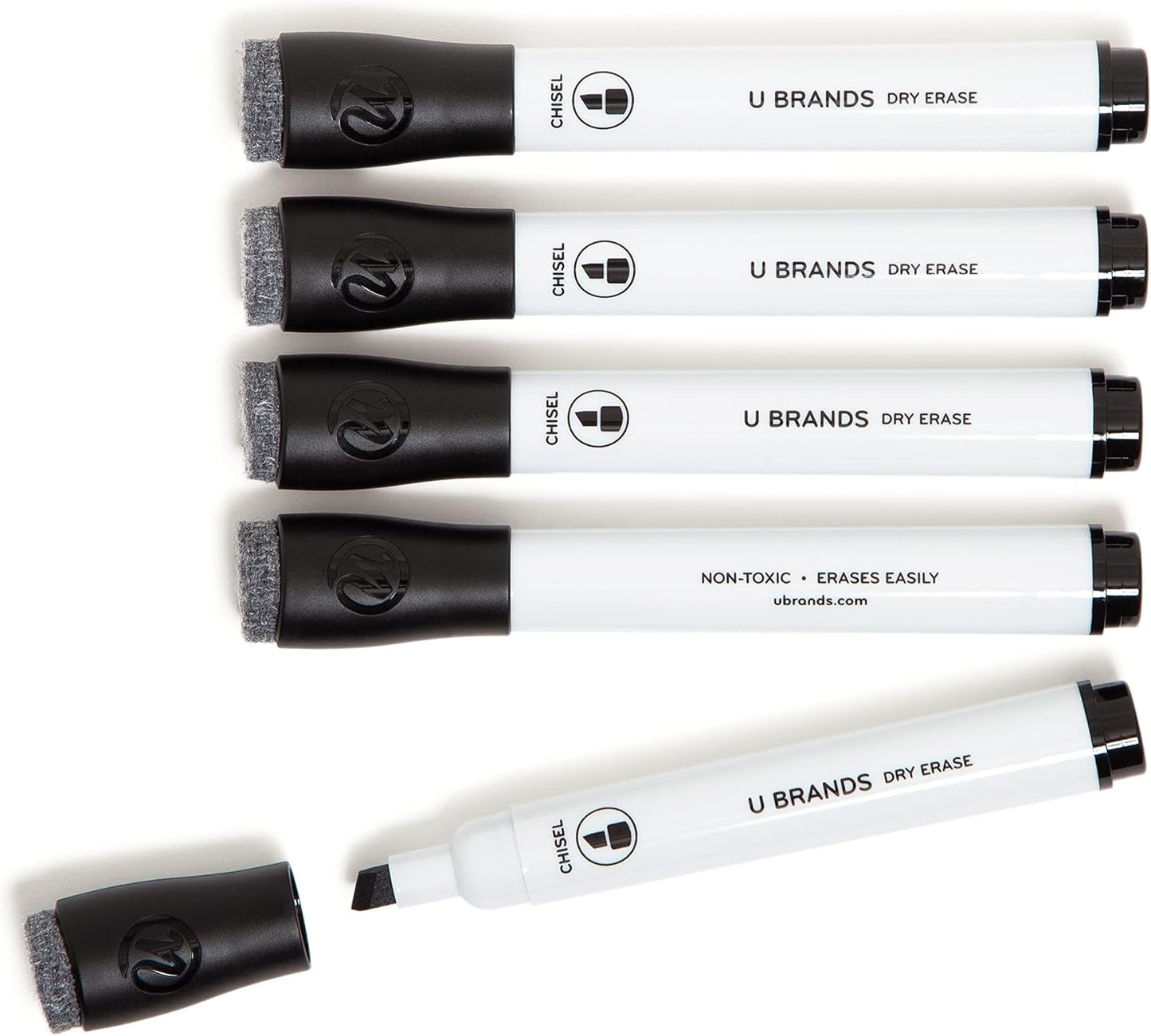 U Brands Fine Tip Dry Erase Markers with Eraser, Whiteboard Markers with Chisel tip, Low Odor, Black, Set of 5