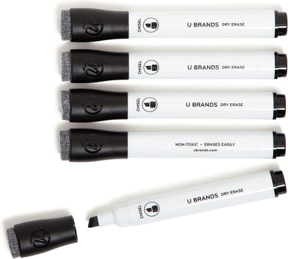 U Brands Fine Tip Dry Erase Markers with Eraser, Whiteboard Markers with Chisel tip, Low Odor, Black, Set of 5