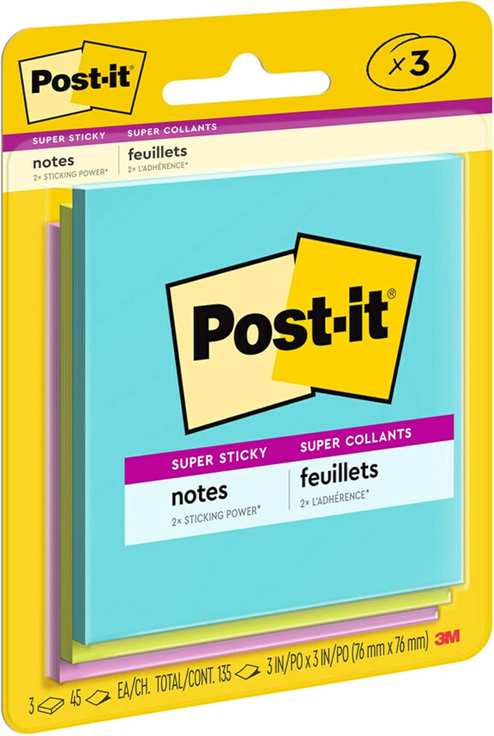 Post-it Super Sticky Notes, 3 Sticky Note Pads, 3 x 3 in., School Supplies, Office Products, Sticky Notes for Vertical Surfaces, Monitors, Walls and Windows, Supernova Neons Collection