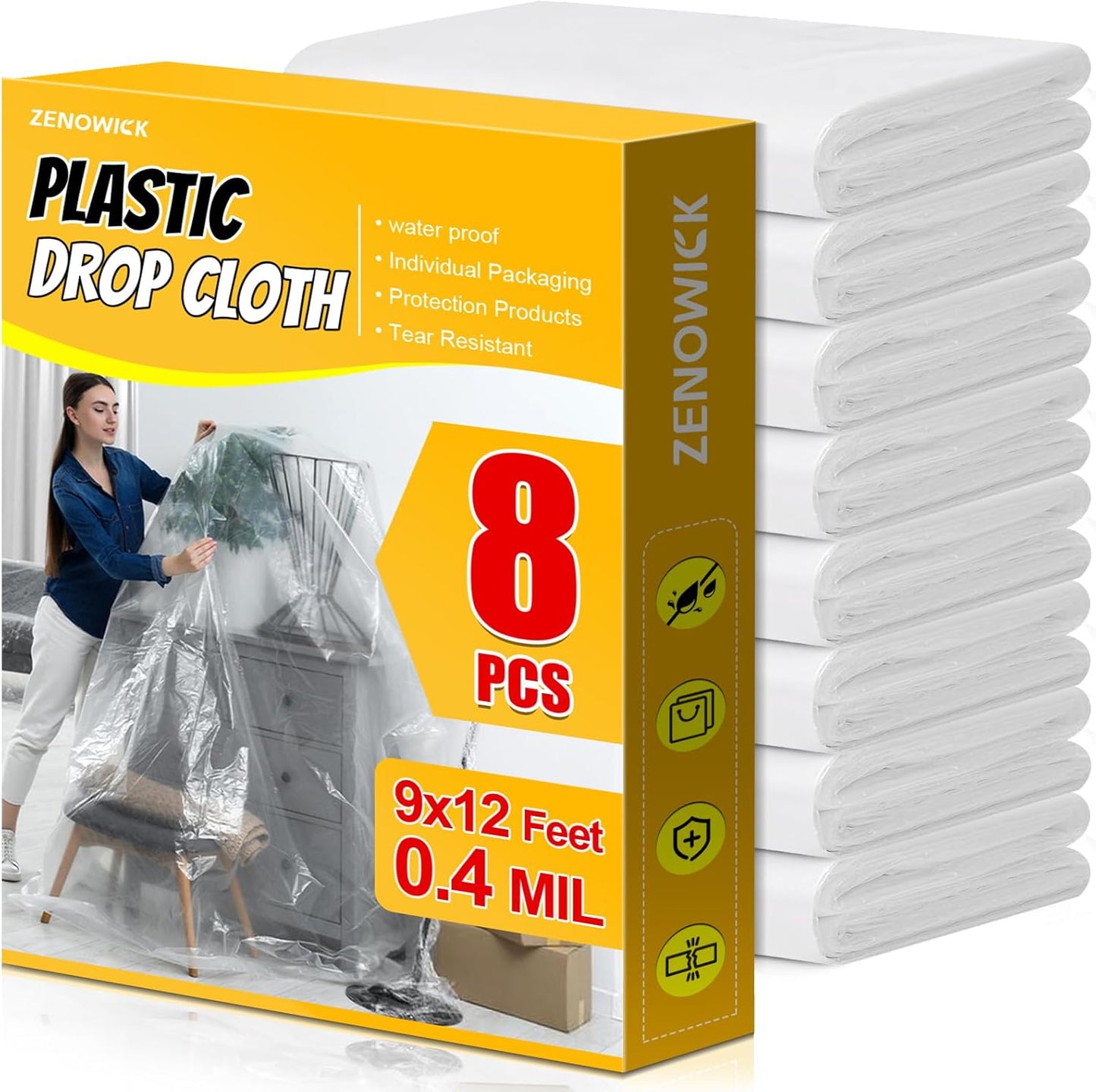 12 Pack Plastic Drop Cloth, 9x12 Ft Plastic Sheeting for Painting, Dust-Proof Tear-Resistant Painters Plastics Tarp Cloth for Furniture Floor Sofa Protector Cover Durable & Thick