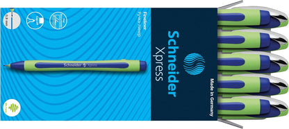 Schneider Xpress Premium Fineliner, 0.8 mm Porous Point, Light Green Barrel, Blue Ink, Box of 10 Pens (190003)