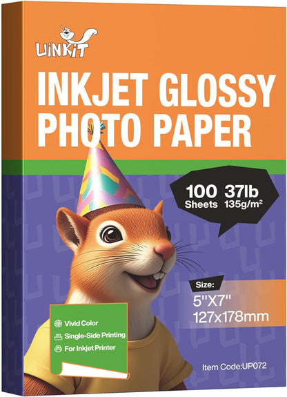 Uinkit 37lb Thin Flyer Paper Glossy 8.5x11 Inkjet 100 Sheets Single Side DIY Chip Bag 135gsm Printer Picture for Inkjet Printer with Dye Ink Letter size A4 Brochure (8.5X11X100)