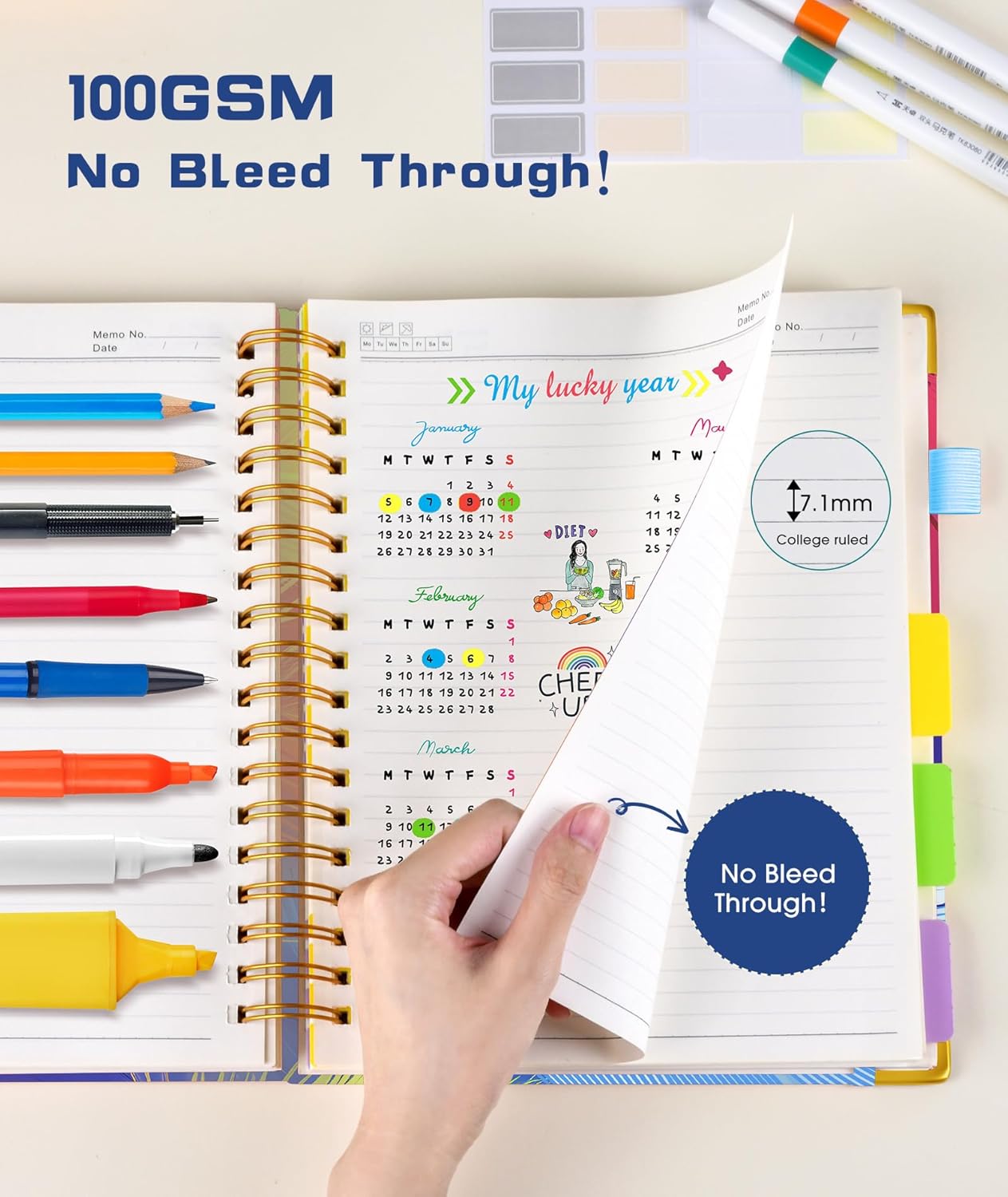Hardcover Spiral Notebook Journal with Removable Dividers Tabs, 300 Pages Leather 5 Subject Notebook College Ruled, 8"x10" Large B5 Notebooks for Work School Note taking, Lined Journal for Women, Pink
