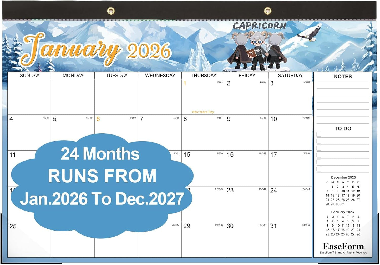 24 Month Desk Calendar 2026-2027, Runs from January 2026 to December 2027, Large 17"x12" Desktop/Wall Monthly Calendar, 2 Year Academic Calendar with Note & To Do for Home, School or office